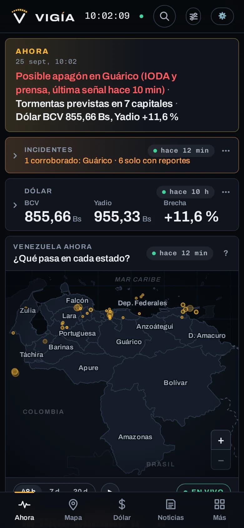 Vigía on a phone: the Ahora sentence, incidents, the dollar and the map, with the section bar at the bottom.